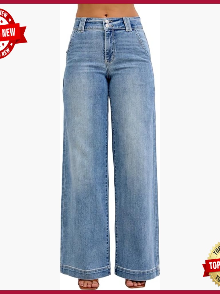 High Waisted Wide Leg Trouser Jeans, 93% Cotton, 32" Inseam